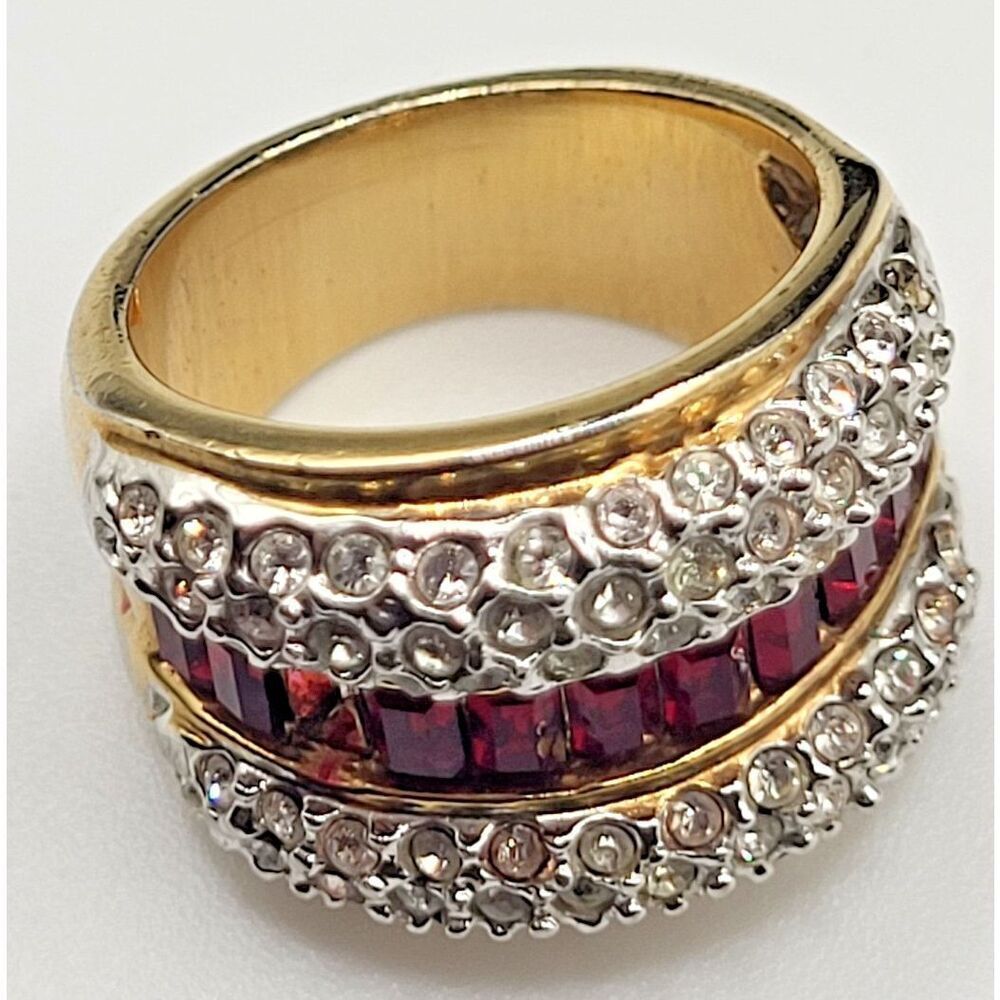 Estate Goldtone Crystal Lab Rubies Size 5 Ring
